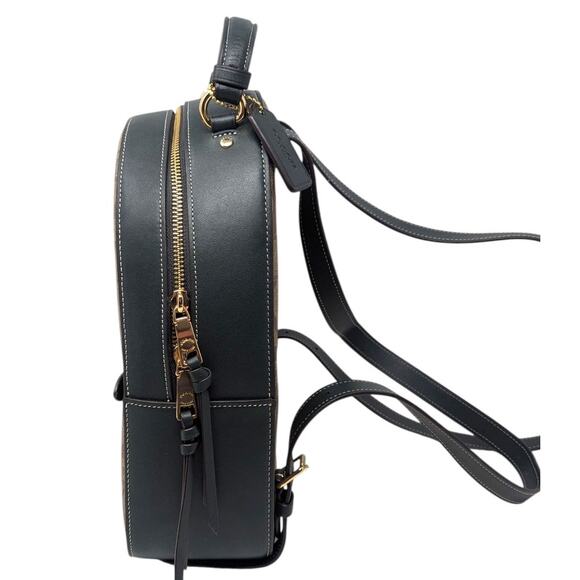 Coach Signature Canvas Backpack Brown Green Varsity Logo Zip Bag Leather Trim - Picture 4 of 6